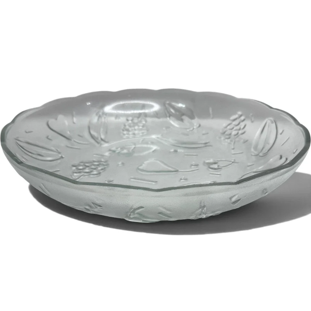 KIG Fruit Platter Large Clear Glass Embossed Grapes Cherries Pears Vintage